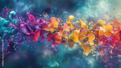 Abstract colorful protein folding illustration with dynamic biomolecular shapes and vibrant fluid forms creating sense of motion and complexity in scientific context