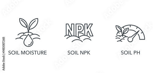 Soil quality sensors icons - Soil pH, moisture, NPK proportions. thin line