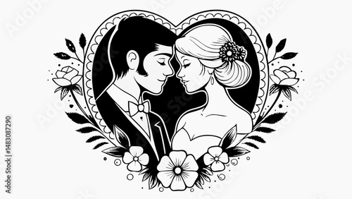 black and white illustrations of couples, ornate borders, floral elements, striking silhouettes, dramatic dresses, detailed wedding scenes, high contrast art, modern minimalism..svg