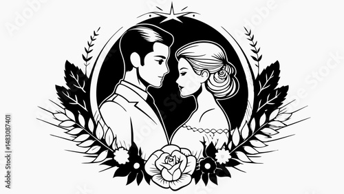 black and white illustrations of couples, ornate borders, floral elements, striking silhouettes, dramatic dresses, detailed wedding scenes, high contrast art, modern minimalism.svg