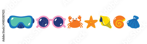Vector illustration of colorful beach essentials, perfect for summer vacation projects and holiday themes. Cute cartoon style.