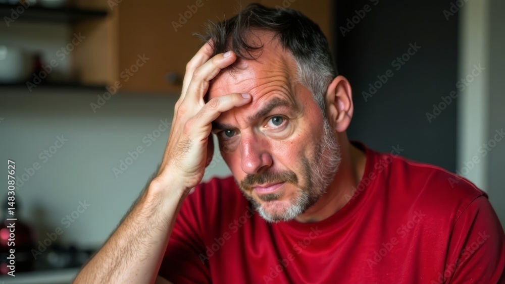 Fototapeta premium A man at home in a red T-shirt holds his forehead with his hand from a headache, with an unkempt hairstyle and looks straight into the camera