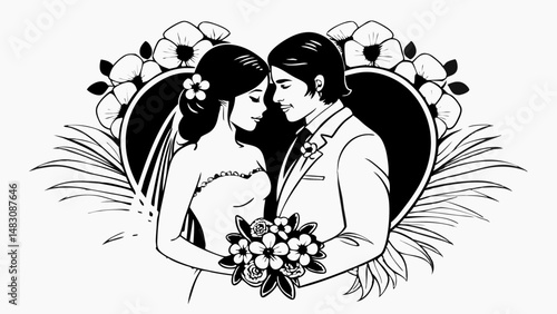 a bride and groom in formal wear, black and white illustration, silhouette of a couple holding a bouquet of flowers, floral design, wedding scene, elegant, detailed, high contrast, monochrome.svg
