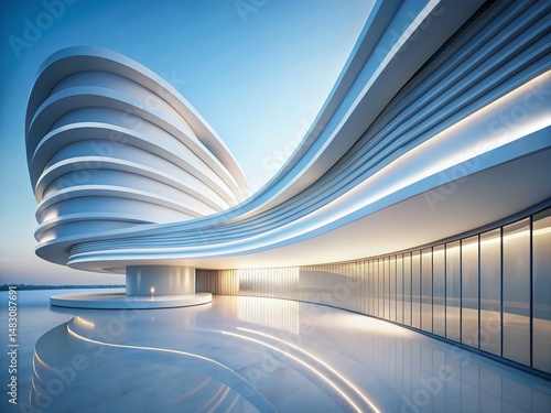 Abstract White Curved Walls: Long Exposure 3D Render Architecture Background