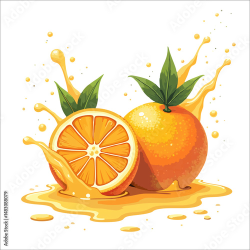 Vector design with sliced orange, fruit juice
splashes, drops isolated 
on transparent background. Print for paper, 
fruit juice, ice cream, mandarine yogurt,
lemonade, sweet water, food packaging. 