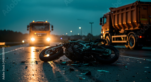 Crashed Motorcycle Wreckage on Wet Asphalt Road at Night Near Construction Truck and Forest Background with Dim Yellow Streetlights