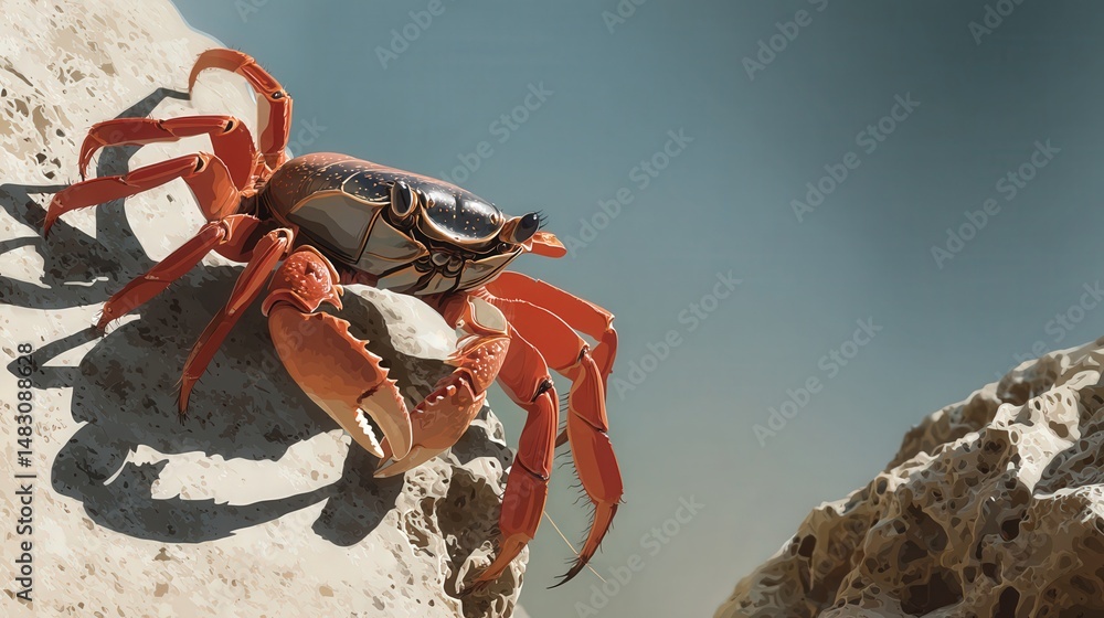 Fototapeta premium Crab climbing over rock edge coastal shoreline wildlife photography natural habitat low angle shadow play