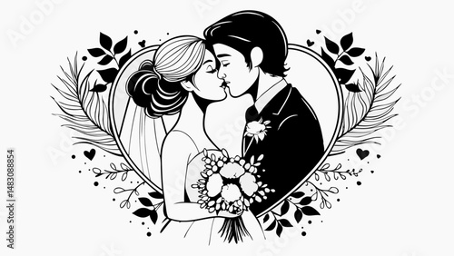 bride holding bouquet as groom leans in for a kiss in silhouette form.svg