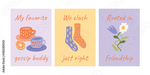 Cartoon Teacups with Bagel, Mismatched Socks, and Twisted Flower with Daisies. Funny Friendship Quotes. Colorful Flat Vector Illustration Set for Greeting Card or Poster.