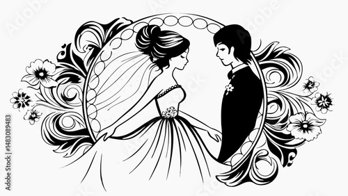 bride twirling in wedding dress as groom watches in silhouette form..svg