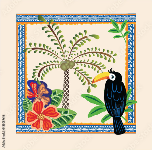 Summer ornaments for tissue palmas leaves tucano pattern vector