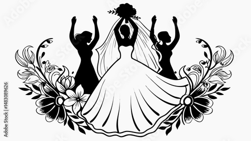 bride throwing bouquet with bridesmaids cheering in silhouette.svg