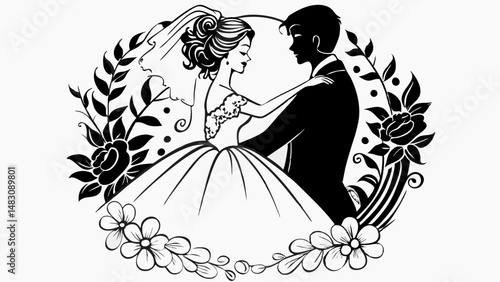 bride twirling in wedding dress as groom watches in silhouette form.svg