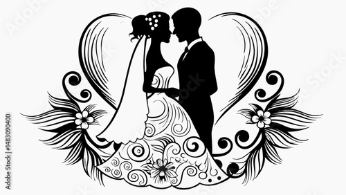 bride, groom, wedding, silhouette, elegant, intricate dress, swirling patterns, minimalist, black and white.svg