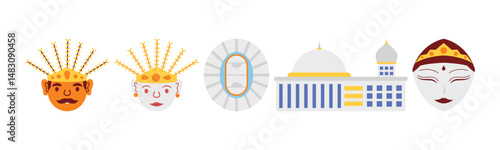 Collection of cultural icons from Java, Indonesia, depicted in a flat vector style, showcasing traditional masks, landmarks and architectural elements. Ideal for travel, cultural and historical projec