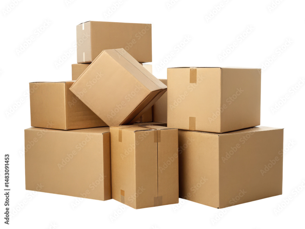 Fototapeta premium Cardboard boxes stacked in a group, showcasing various sizes and arrangements.
