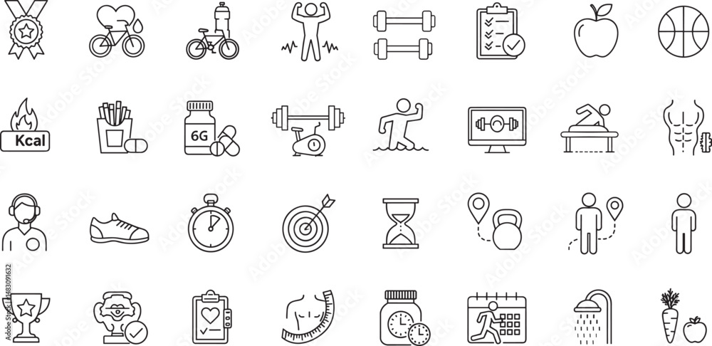Fitness Line Editable Icons set. Vector illustration of modern thin line style icons of the components of an active lifestyle: types of physical activity, proper nutrition, and sports equipment. Fitness Line Editable Icons set. Vector illustration of modern thin line style icons of the components of an active lifestyle: types of physical activity, proper nutrition, and sports equipment.