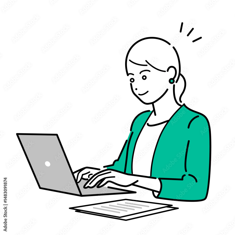 パソコン作業中のビジネススーツ着用の女性のシンプルな上半身ベクターイラスト パソコン作業中のビジネススーツ着用の女性のシンプルな上半身ベクターイラスト