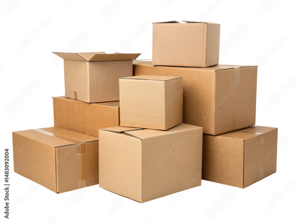 Fototapeta premium A group of variously sized cardboard boxes stacked together, some open and some closed.