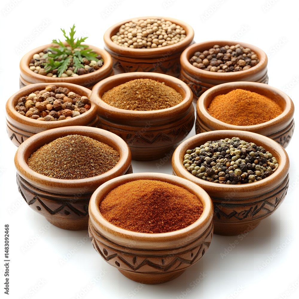 Aromatic Spice Collection in Wooden Bowls Culinary Herbs and Ground Spices for Cooking Aromatic Spice Collection in Wooden Bowls Culinary Herbs and Ground Spices for Cooking
