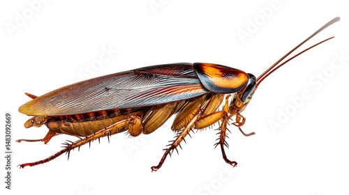 Detailed closeup of a striking orange and brown cockroach insect specimen on detailed macro photography of a on transparent background bug