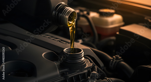 Motor Oil Being Poured into Car Engine During Vehicle Maintenance with Engine Components and Warm Lighting in Automotive