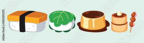 A charming illustration featuring an assortment of Japanese sweets, showcasing sushi, leaf-wrapped mochi, pudding, and dango on a skewer in a delightful cartoon style.
