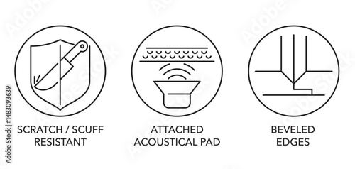 Laminate flooring icons - Scratch, Scuff resistant, acoustical pad, Beveled edges