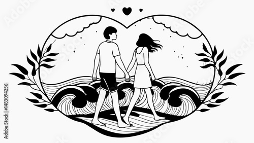 couple walking barefoot on beach with waves in silhouette style..svg