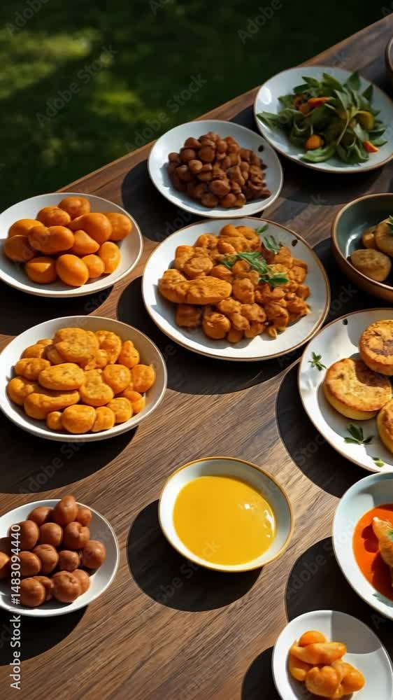 A food influencer's table setup with small plates of global flavors kimchi pancakes, Moroccan tagine, Peruvian ceviche. A food influencer's table setup with small plates of global flavors kimchi pancakes, Moroccan tagine, Peruvian ceviche.