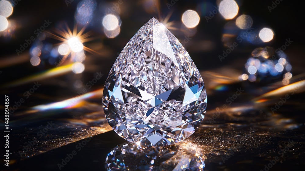 Obraz premium Pear-shaped diamond reflecting light on a dark surface.