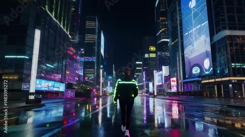 A man walks down a city street in the rain. The street is lit up with neon lights, creating a moody atmosphere