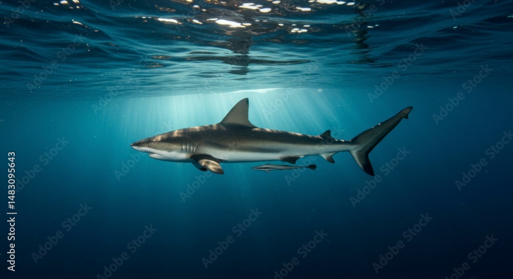 Fototapeta premium Shark in deep blue ocean. Sunlight streams through surface