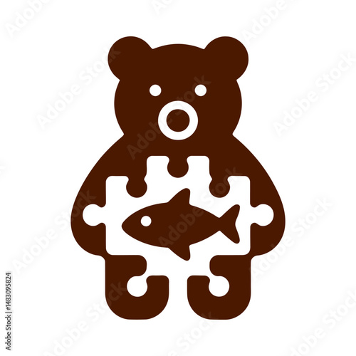 Puzzle Bear – Harmony of Nature and Play
his minimalist logo combines the silhouette of a bear with a central puzzle piece featuring a fish, symbolizing the animal’s natural instincts and playful esse