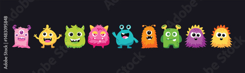 Illustration with a variety of cute, cartoonish, and colorful monsters. Perfect for kids' designs, parties, or Halloween-themed projects.