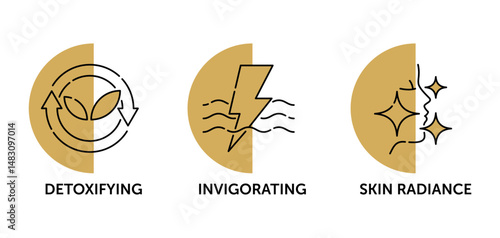 Skincare icons set - Detoxifying, Skin radiance, Invigorarting. in thin line and semicircular shape