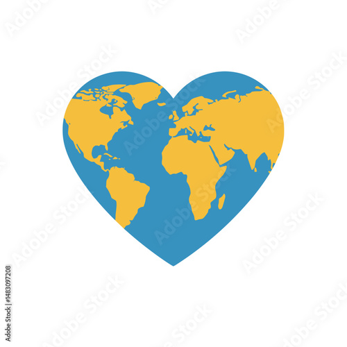 World map inside a heart shape in blue and yellow colors  