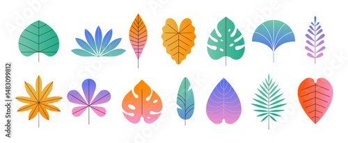 Summer tropic leaves design collection. Geometric simple, flat, modern style with color gradient texture. Trendy jungle foliage illustrations set.
