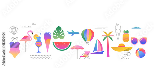 Summer vacation vector illustration set. Colorful tropical icons including beach elements, travel symbols, fruit, ice cream, swimwear, palm trees, and sun in modern flat style.