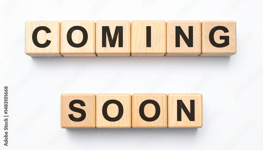 Text COMING SOON on wooden cubes on white background. Square wood blocks. Top view, flat lay. Text COMING SOON on wooden cubes on white background. Square wood blocks. Top view, flat lay.
