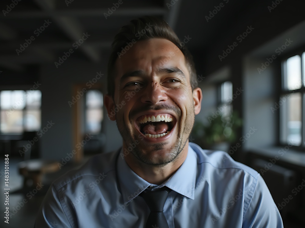 Obraz premium Eerie businessman with a wide grin and sharp teeth in office setting
