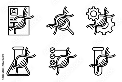 Genetics DNA research and medicine icons set, in bold line