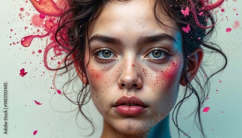 portrait of a girl with vibrant colors and butterflies.