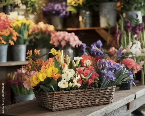 A beautiful floral arrangement displayed in a wicker basket surrounded by fresh cut flowers