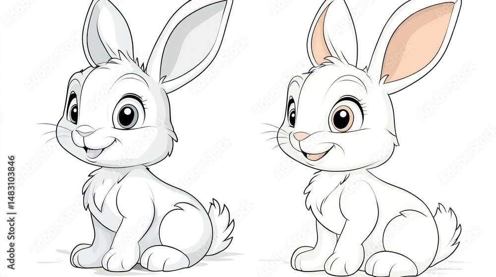Obraz premium Two cute, cartoon white rabbits sitting side-by-side, one gray and one peach colored