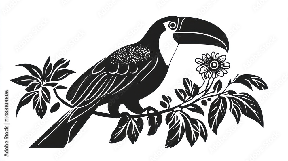 Obraz premium Black and white toucan on branch with flower, decorative design, nature themed artwork, potential use as print or poster