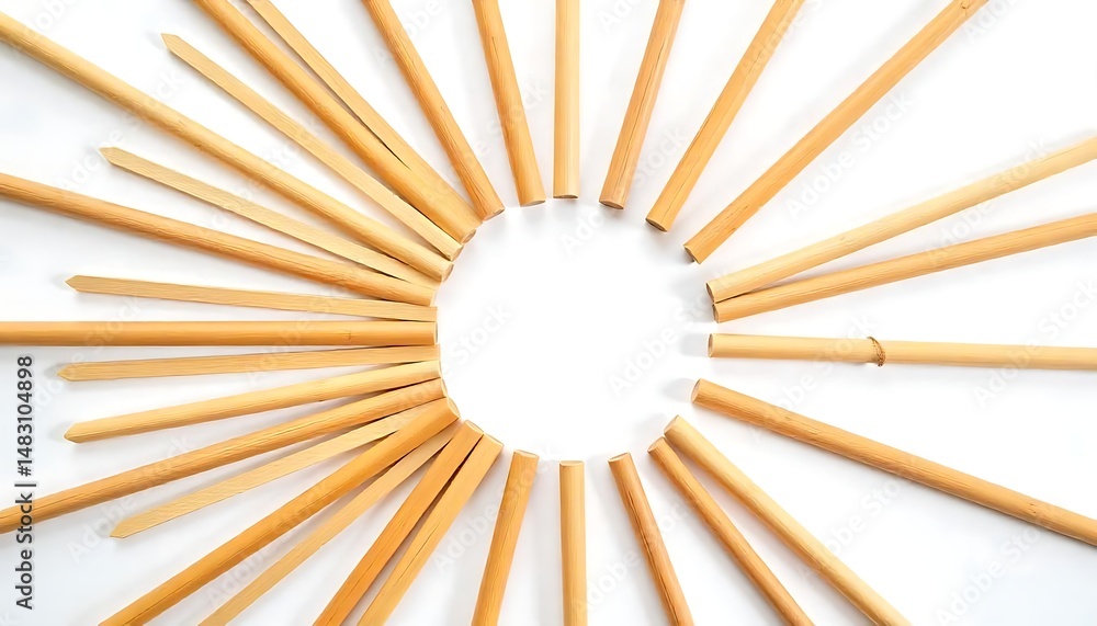 Fototapeta premium Radial Arrangement of Brown Bamboo Straws on White Background, created with generative ai