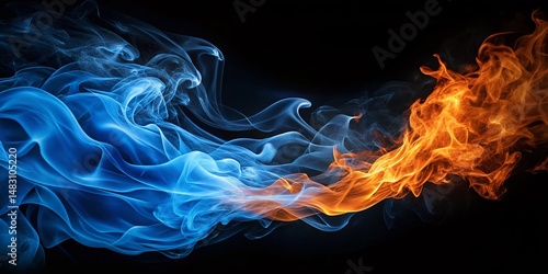 Abstract Blue Fire Flames, Dark Smoke, Black Background Stock Photo