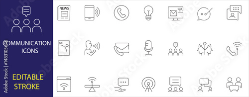 Communication icon set with editable stroke style, featuring minimalistic line art for chat, phone, messaging, news, and social interaction symbols. Perfect for digital UI and branding.