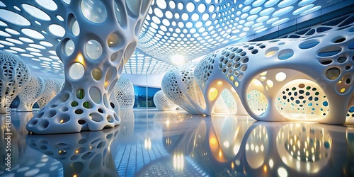 Abstract Architectural Design: White Organic Forms & Perforated Walls with Bokeh